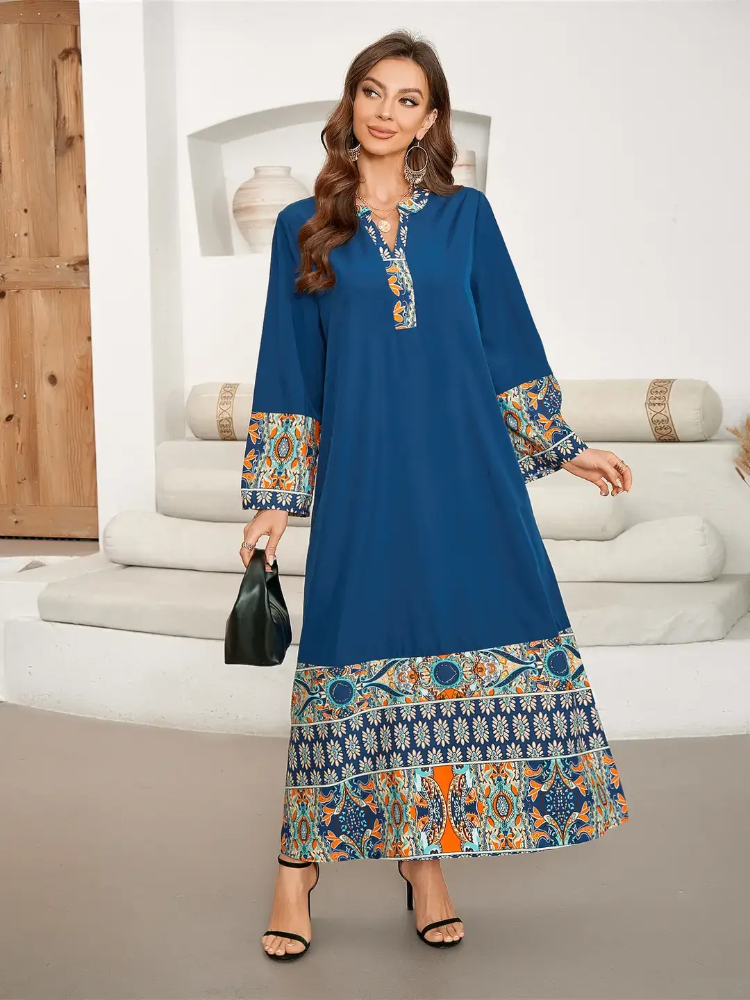 Cross-Border Model Photoshoot Hot-Selling Printed Patchwork Long V-Neck Elegant Mid-Length Sleeve Dress Cover-Up - Image 5