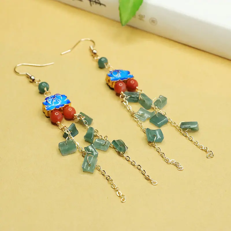 Aiyu Natural Jade Blue Water Earrings Enamel Blue Lotus Ear Hooks Ethnic Style Wholesale Dropshipping S3120909 - Image 2