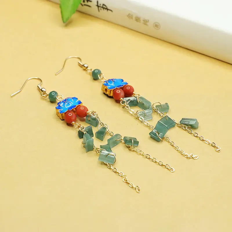 Aiyu Natural Jade Blue Water Earrings Enamel Blue Lotus Ear Hooks Ethnic Style Wholesale Dropshipping S3120909 - Image 3