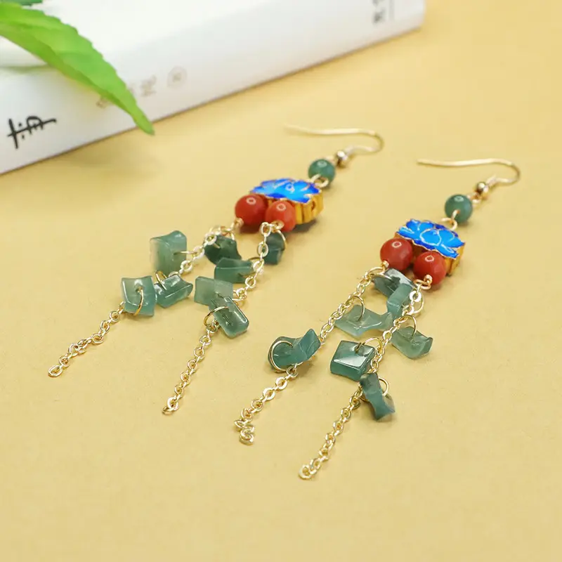 Aiyu Natural Jade Blue Water Earrings Enamel Blue Lotus Ear Hooks Ethnic Style Wholesale Dropshipping S3120909 - Image 4
