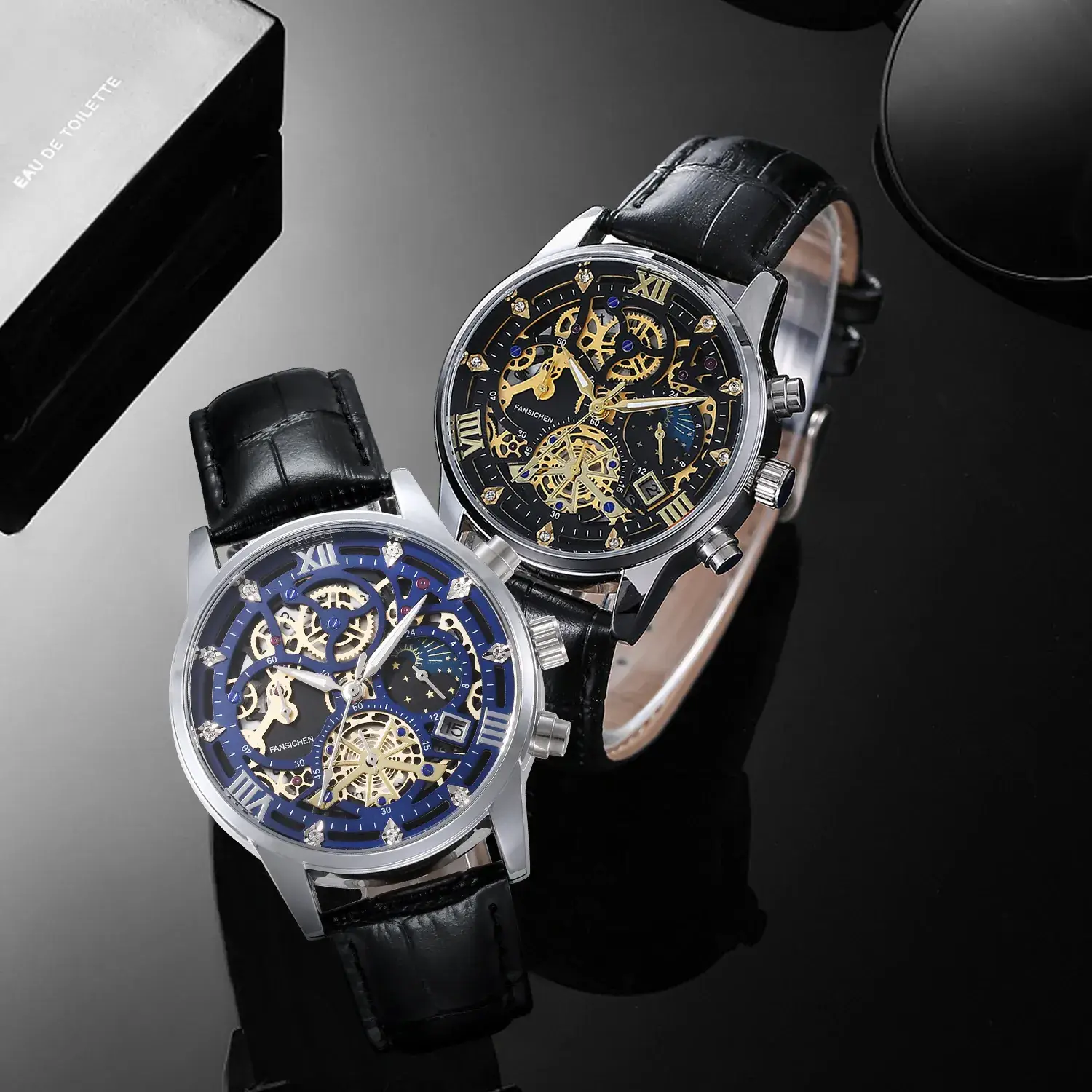 Men's Luxury Skeleton Watch with Blue Dial & Leather Strap - Image 3