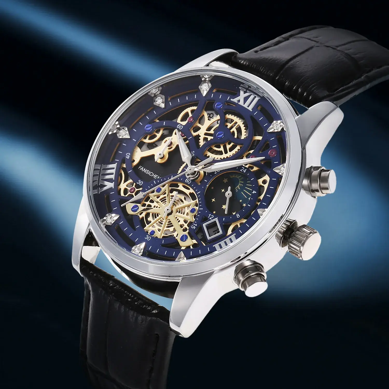 Men's Luxury Skeleton Watch with Blue Dial & Leather Strap - Image 4