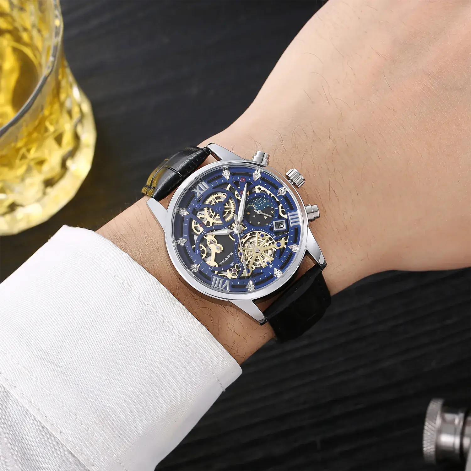 Men's Luxury Skeleton Watch with Blue Dial & Leather Strap - Image 5