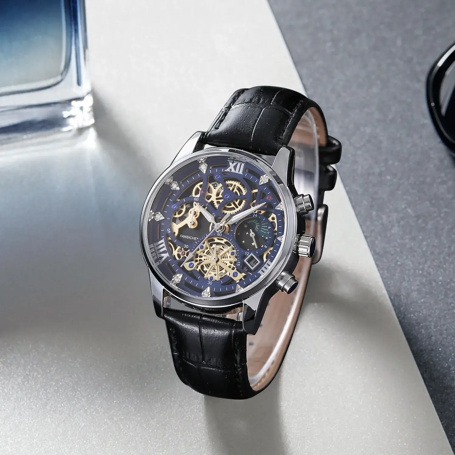 Men's Luxury Skeleton Watch with Blue Dial & Leather Strap - Image 6
