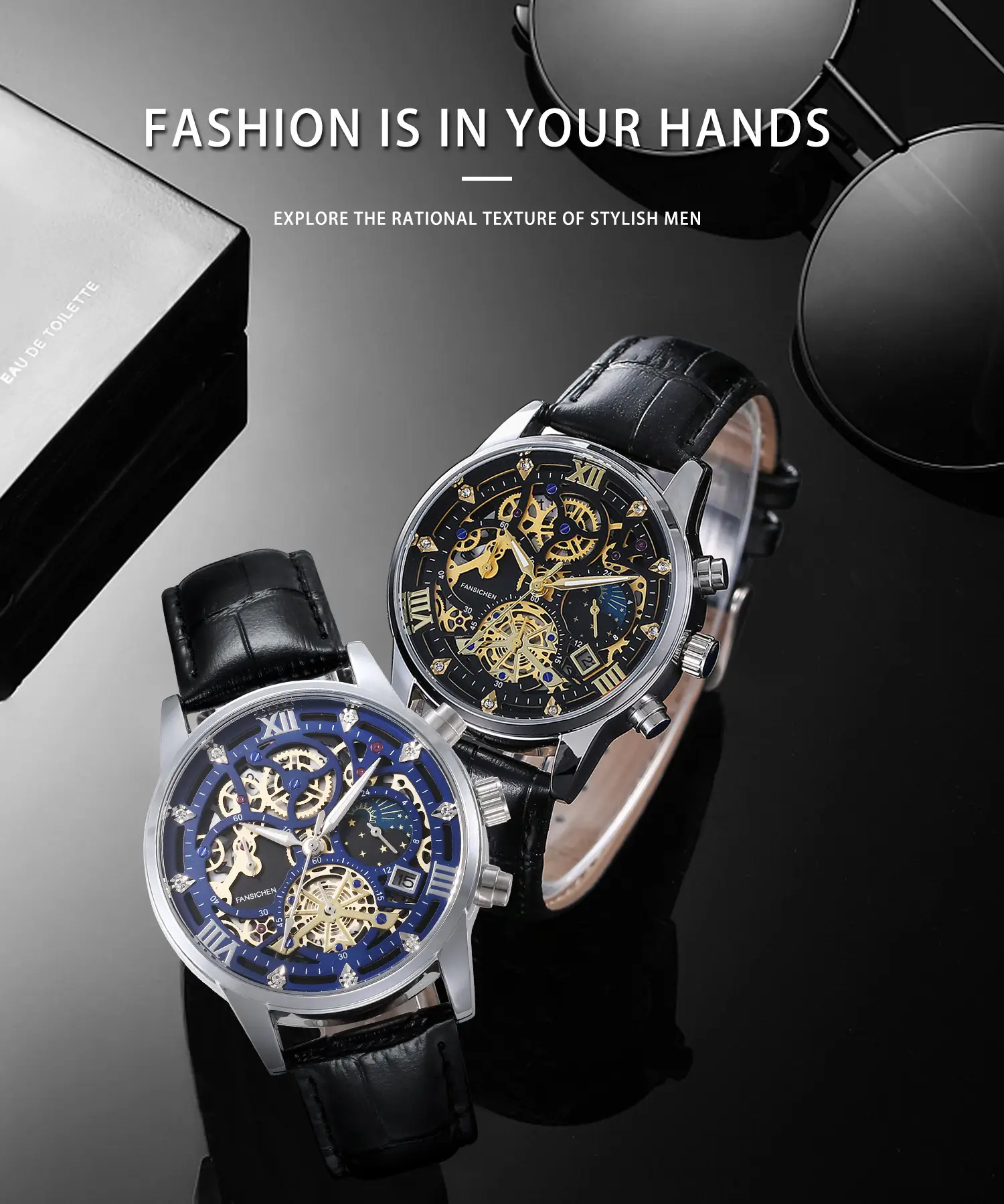 Men's Luxury Skeleton Watch with Blue Dial & Leather Strap — feature 2