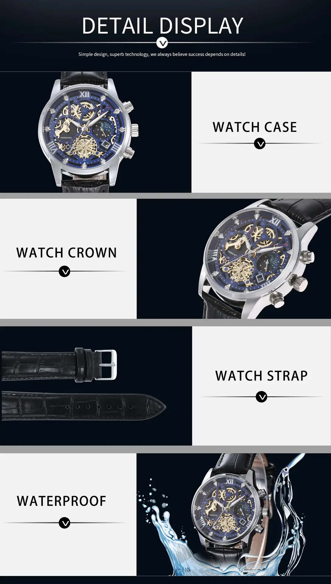 Men's Luxury Skeleton Watch with Blue Dial & Leather Strap — feature 4