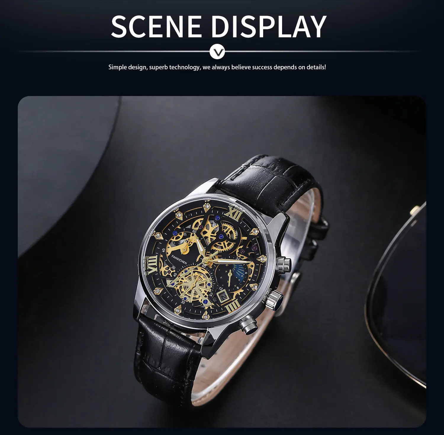 Men's Luxury Skeleton Watch with Blue Dial & Leather Strap — feature 5