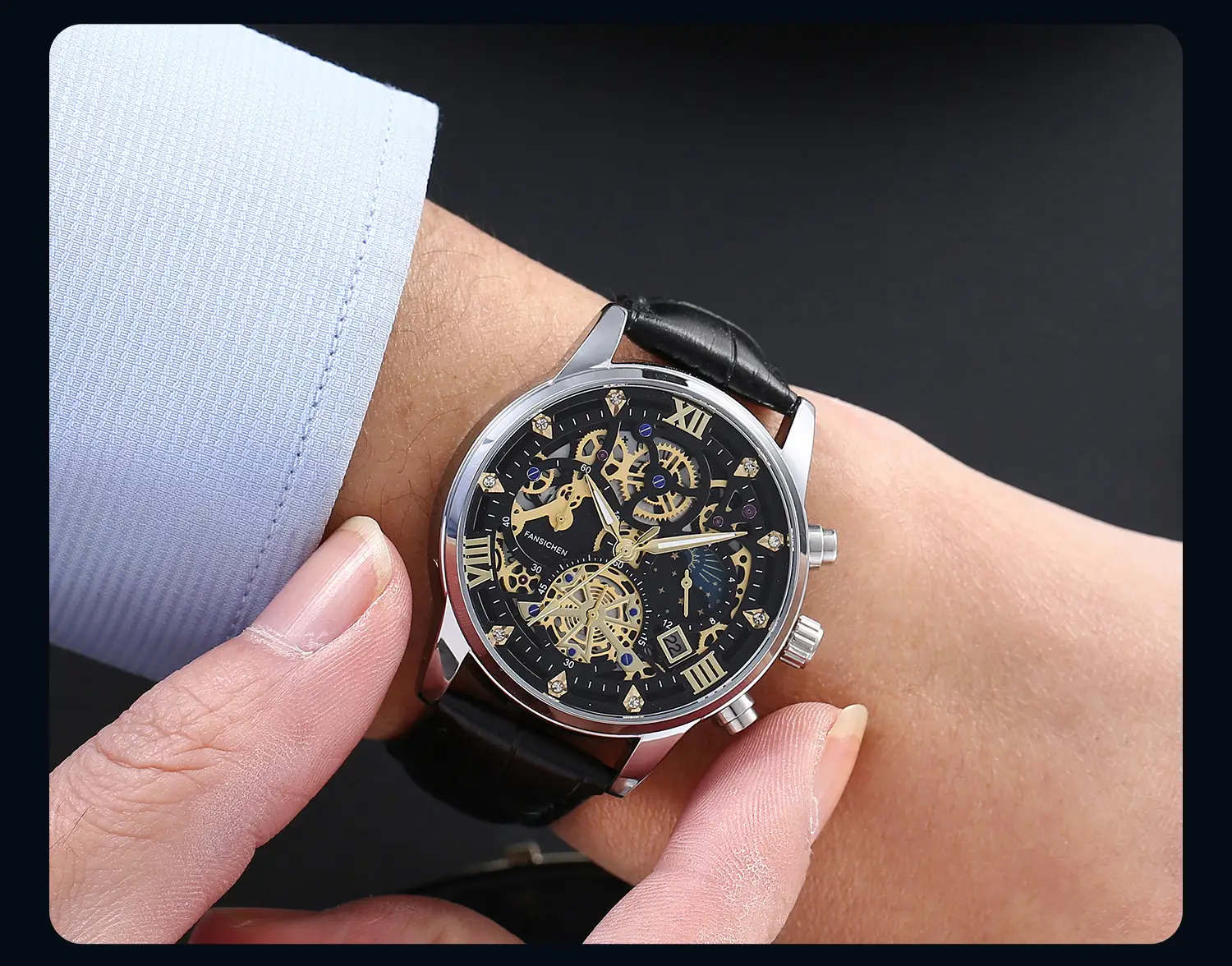Men's Luxury Skeleton Watch with Blue Dial & Leather Strap — feature 6