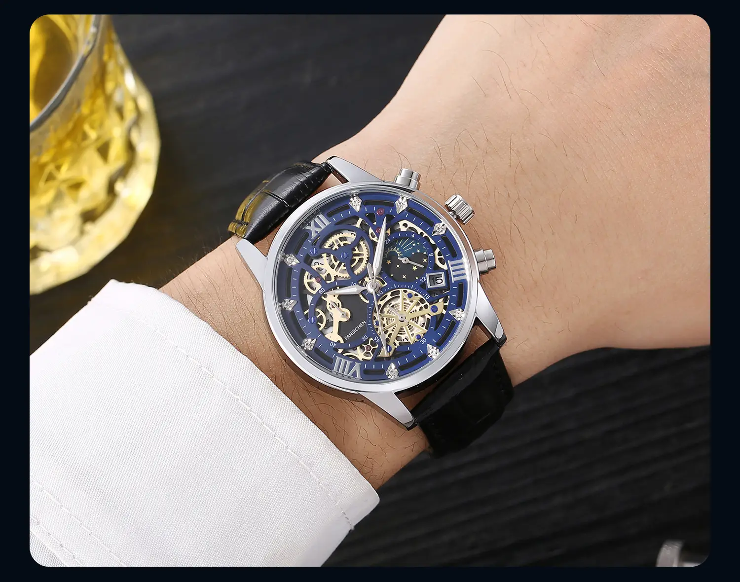 Men's Luxury Skeleton Watch with Blue Dial & Leather Strap — feature 7