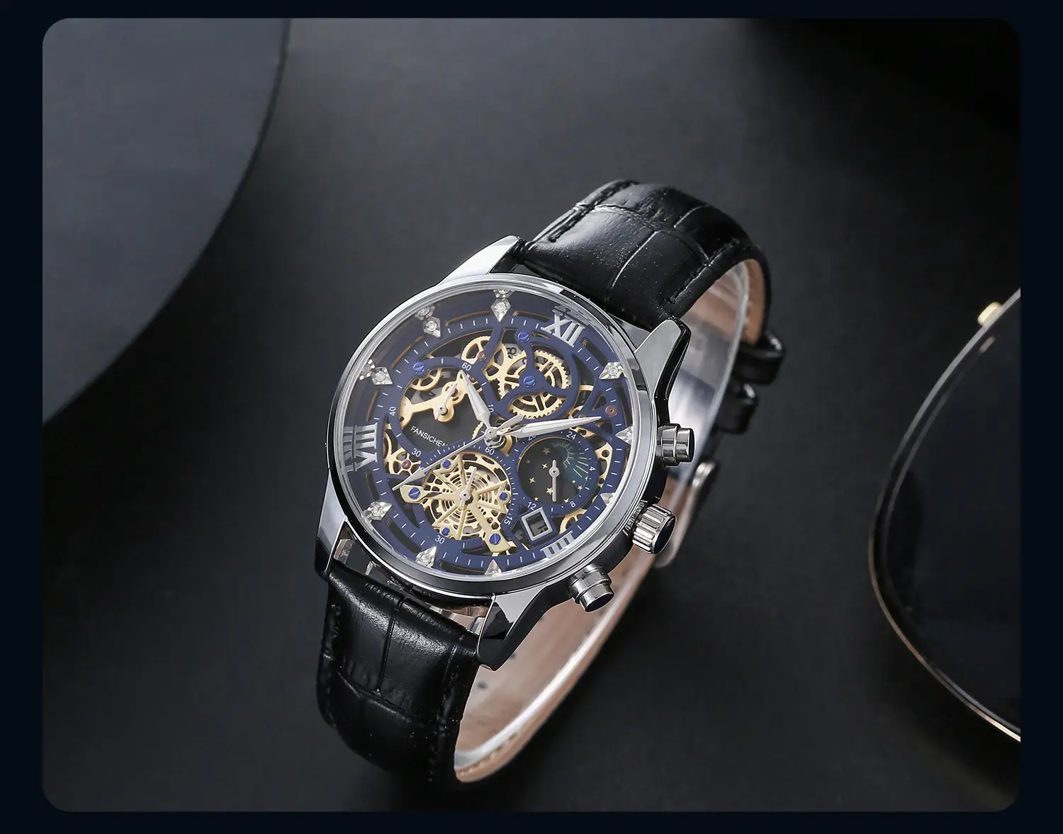 Men's Luxury Skeleton Watch with Blue Dial & Leather Strap — feature 8