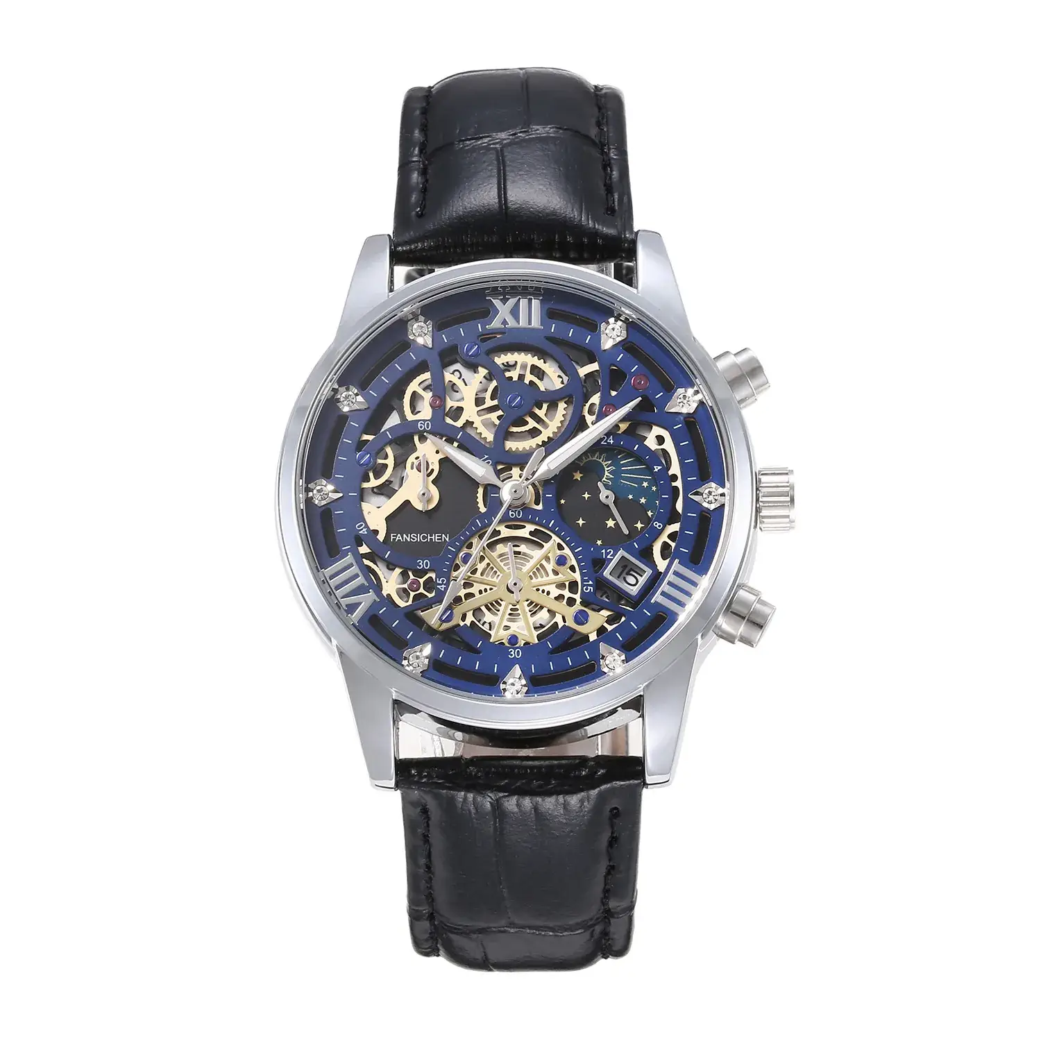 Men's Luxury Skeleton Watch with Blue Dial & Leather Strap - Image 2