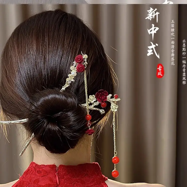New Year's Red Flower Tassel Hairpin for Women