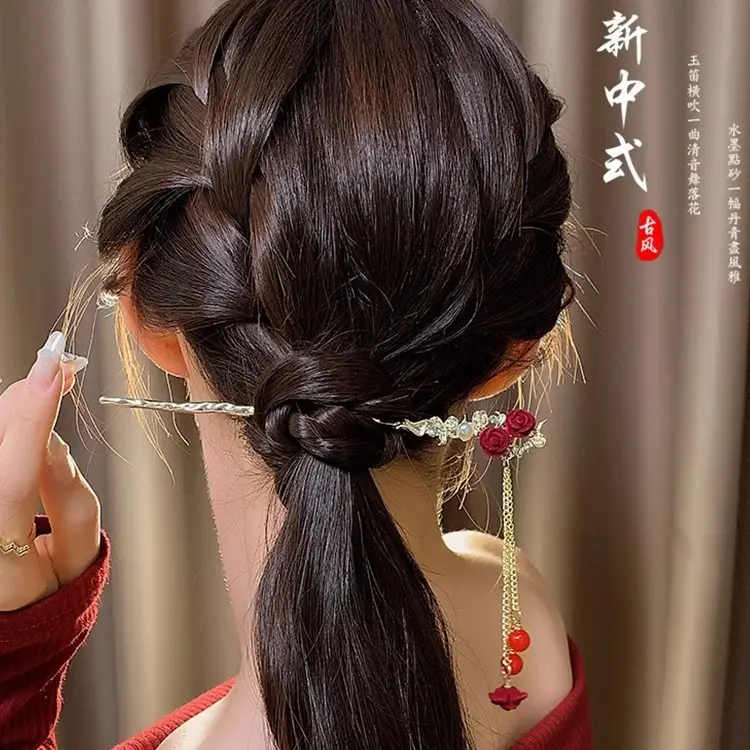 New Year's Red Flower Tassel Hairpin for Women