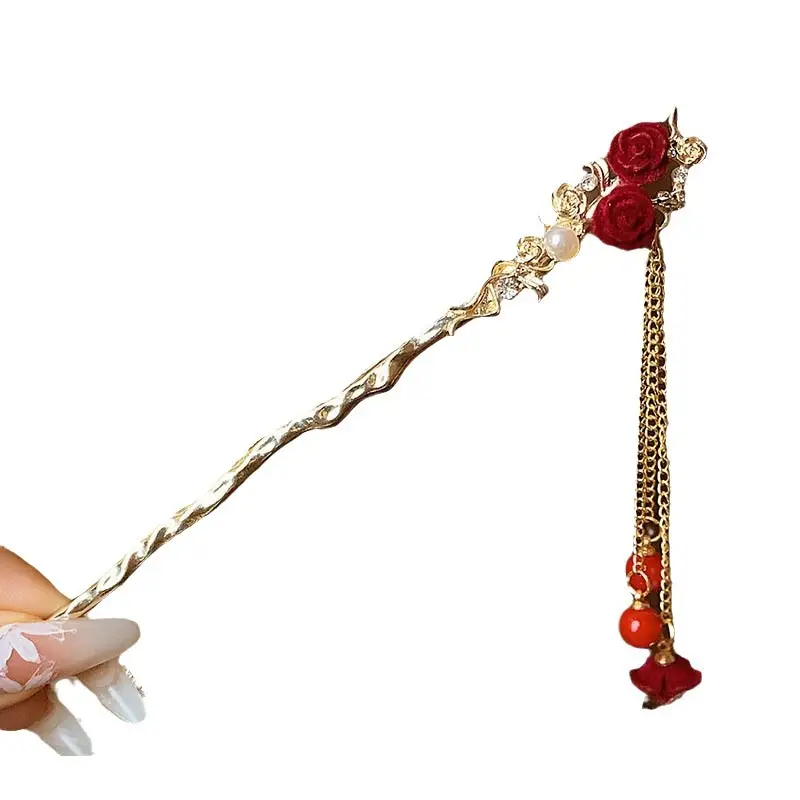 New Year's Red Flower Tassel Hairpin for Women