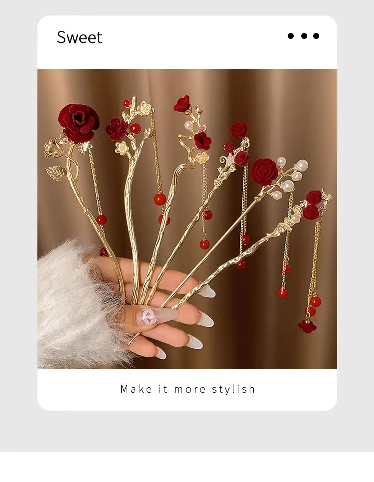 New Year's Red Flower Tassel Hairpin for Women — feature 1