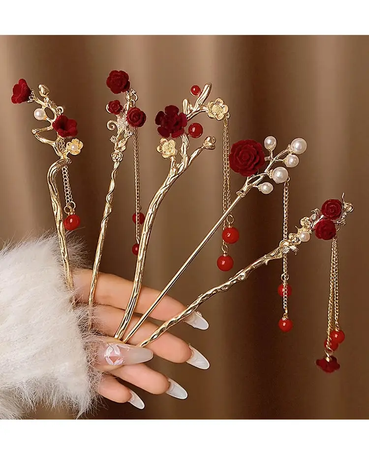 New Year's Red Flower Tassel Hairpin for Women — feature 3