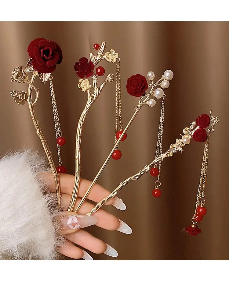 New Year's Red Flower Tassel Hairpin for Women — feature 5