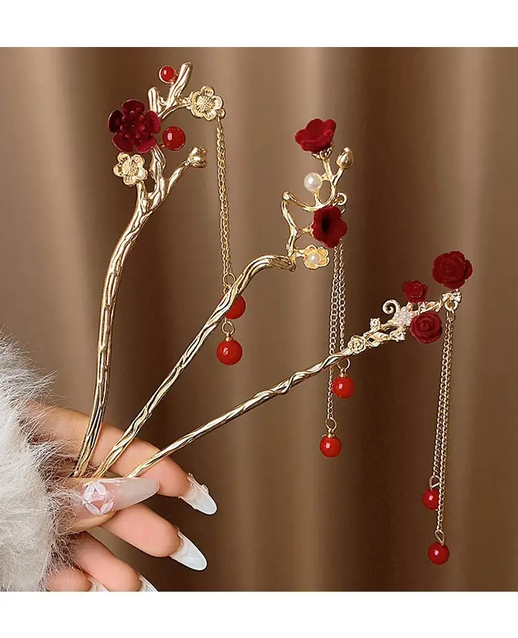 New Year's Red Flower Tassel Hairpin for Women — feature 7