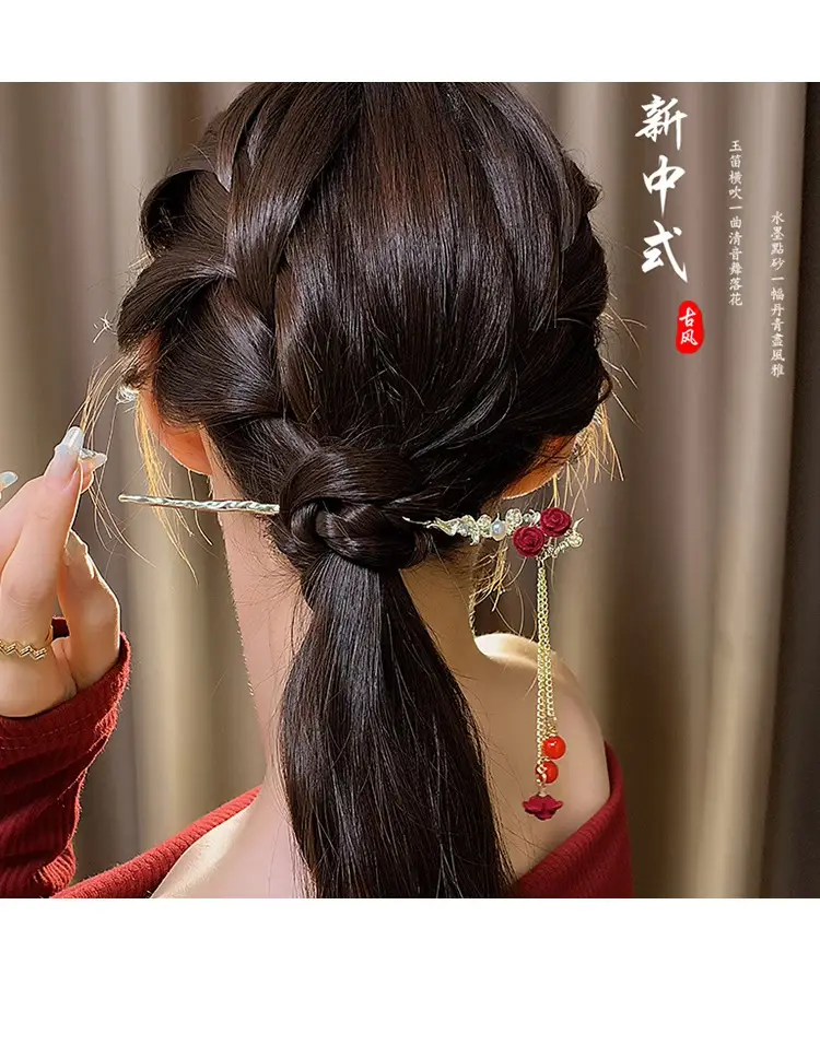 New Year's Red Flower Tassel Hairpin for Women — feature 8