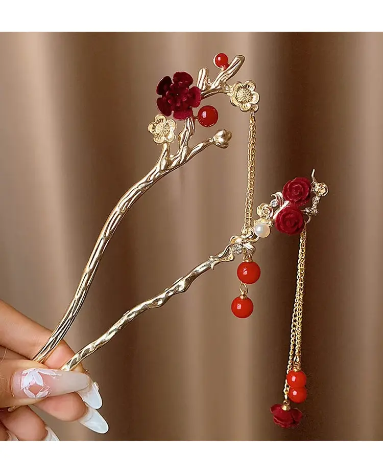 New Year's Red Flower Tassel Hairpin for Women — feature 9