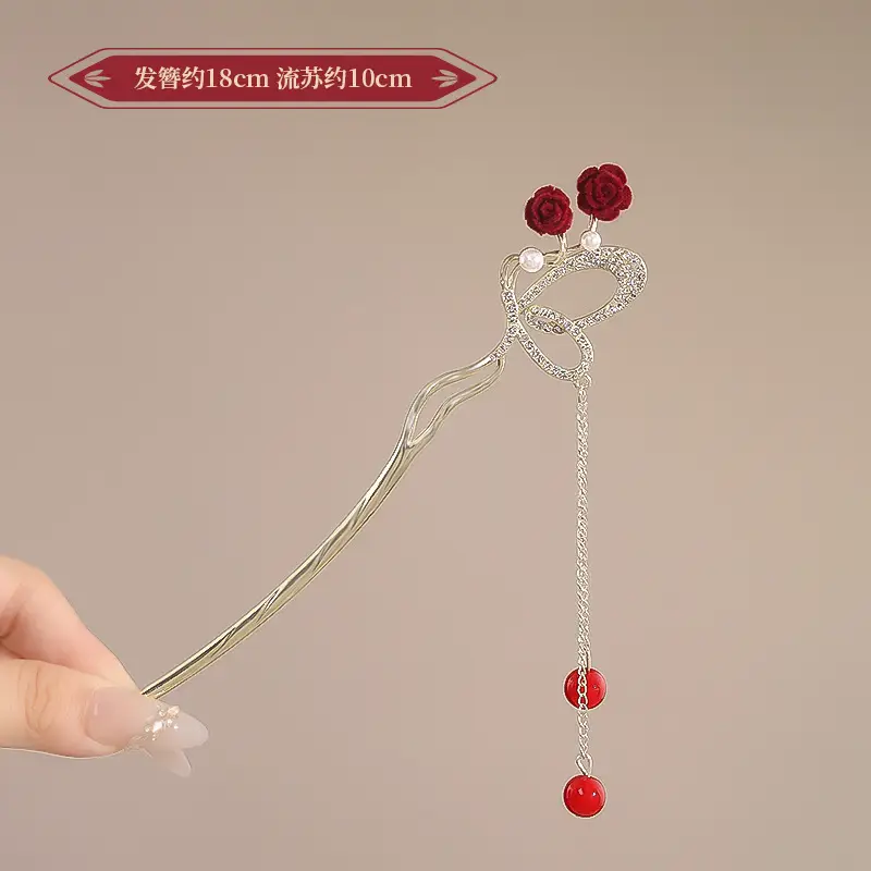 New Year's Red Flower Tassel Hairpin for Women
