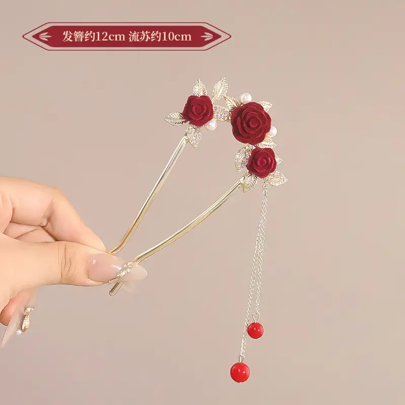 New Year's Red Flower Tassel Hairpin for Women