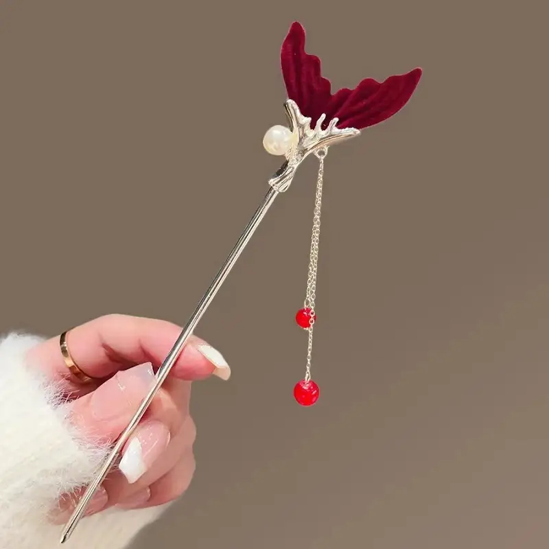 New Year's Red Flower Tassel Hairpin for Women
