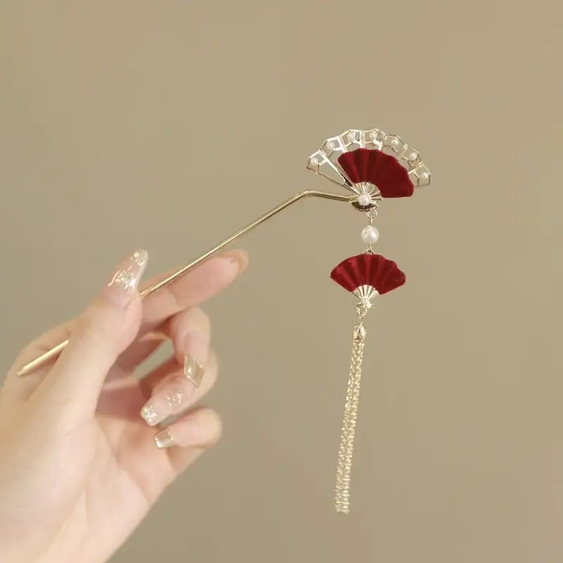 New Year's Red Flower Tassel Hairpin for Women