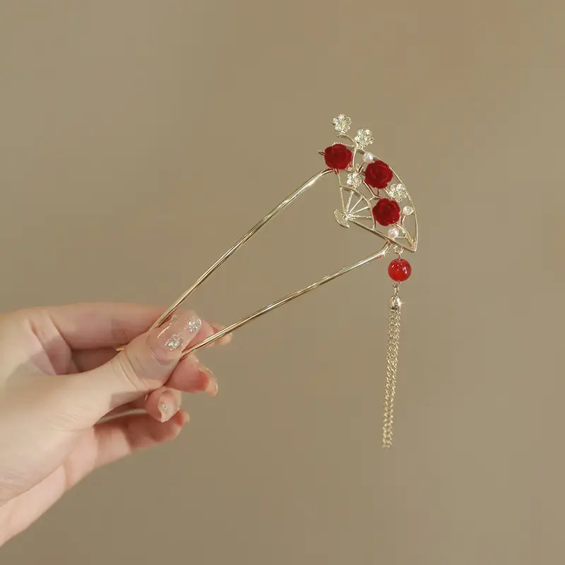 New Year's Red Flower Tassel Hairpin for Women