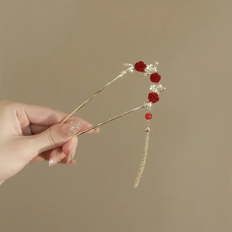 New Year's Red Flower Tassel Hairpin for Women