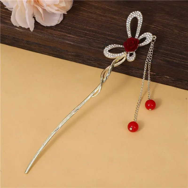 New Year's Red Flower Tassel Hairpin for Women