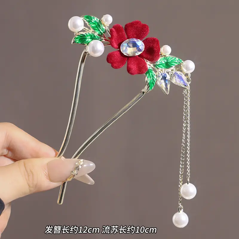 New Year's Red Flower Tassel Hairpin for Women