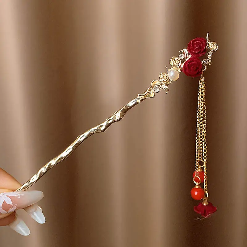 New Year's Red Flower Tassel Hairpin for Women