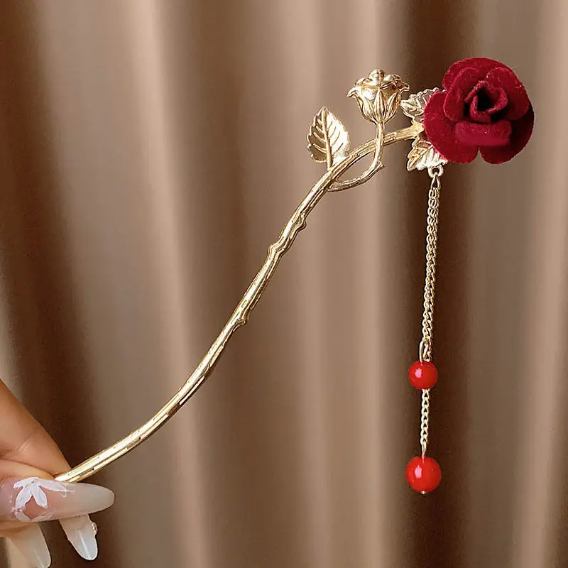New Year's Red Flower Tassel Hairpin for Women
