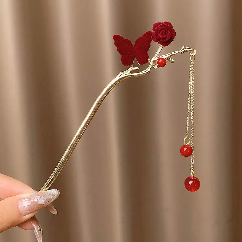 New Year's Red Flower Tassel Hairpin for Women
