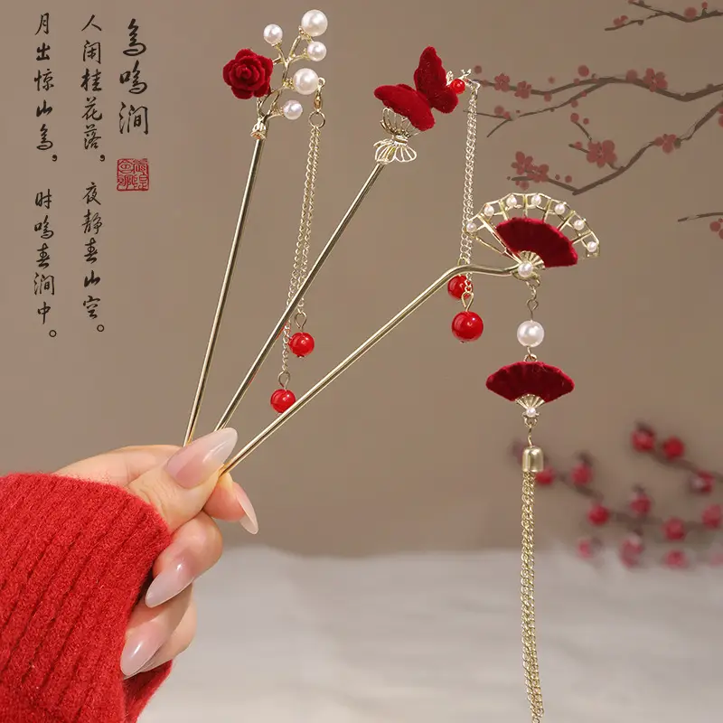 New Year's Red Flower Tassel Hairpin for Women