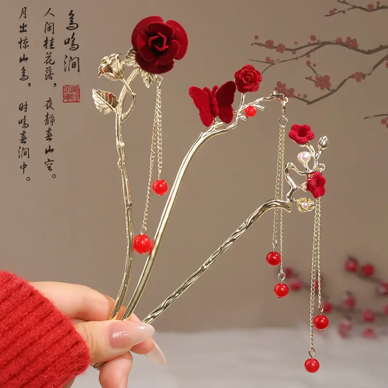 New Year's Red Flower Tassel Hairpin for Women