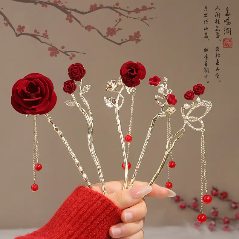 New Year's Red Flower Tassel Hairpin for Women
