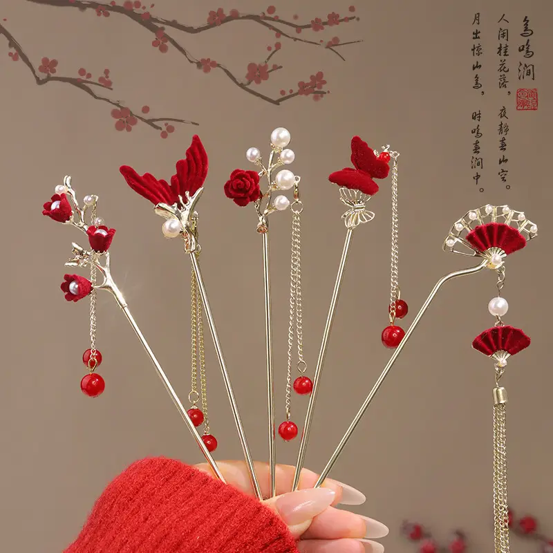 New Year's Red Flower Tassel Hairpin for Women