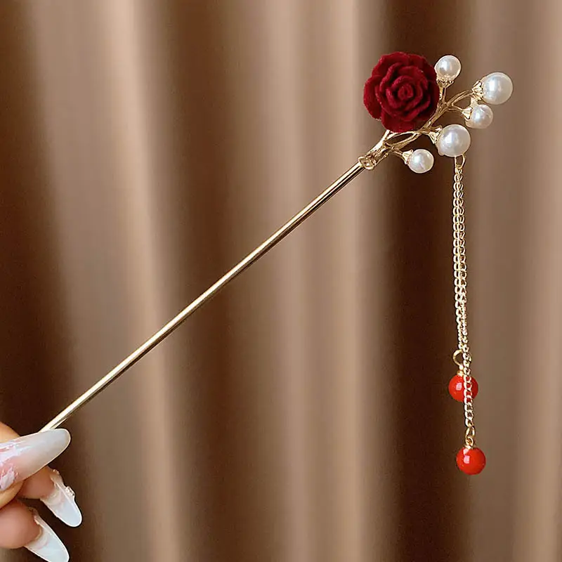 New Year's Red Flower Tassel Hairpin for Women