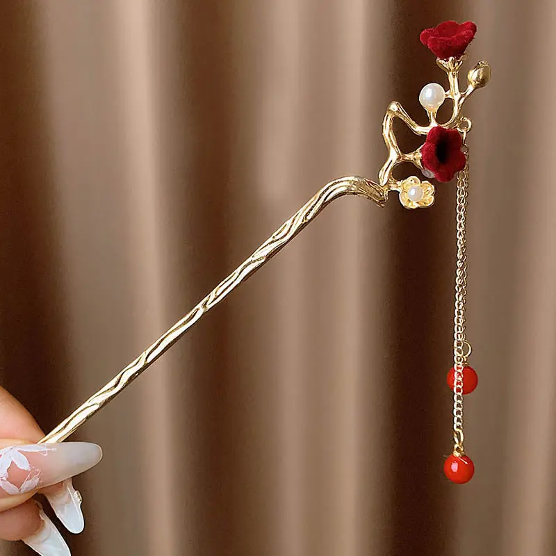 New Year's Red Flower Tassel Hairpin for Women