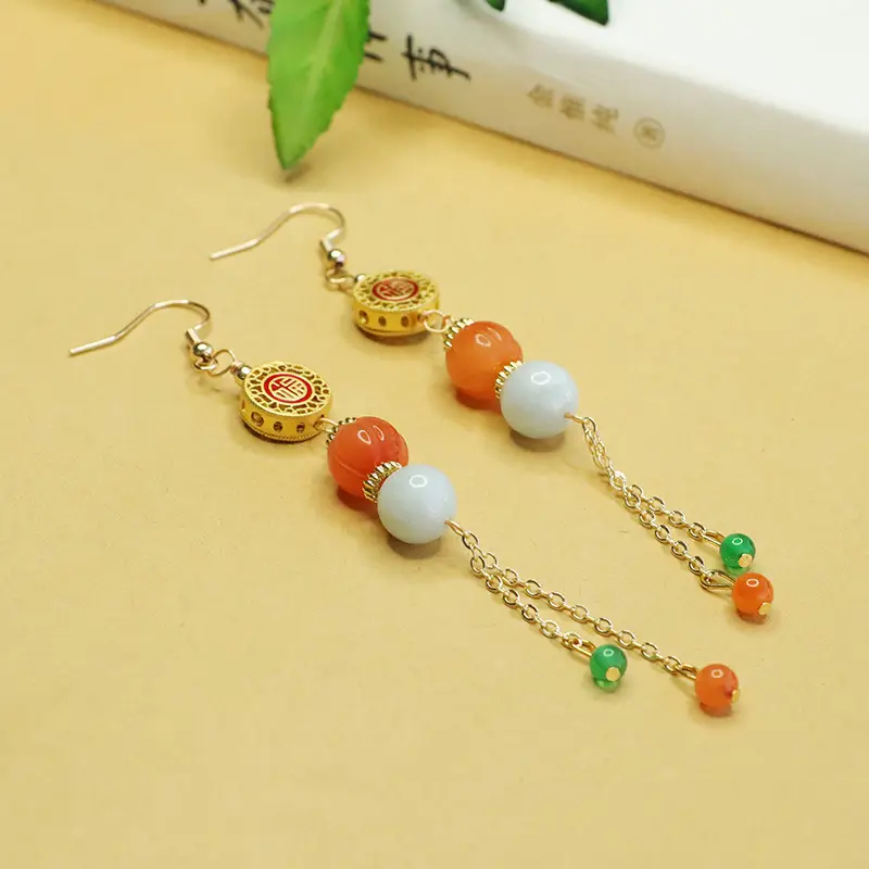 Chinese Style Jade Earrings with Orange & White beads