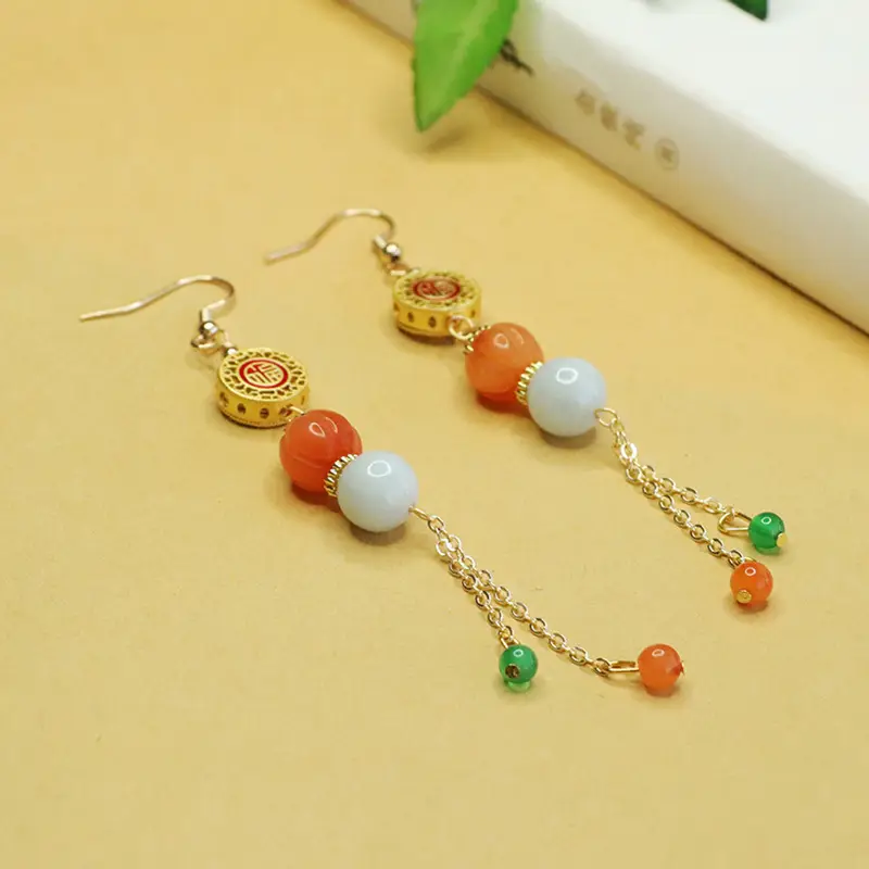 Chinese Style Jade Earrings with Orange & White beads