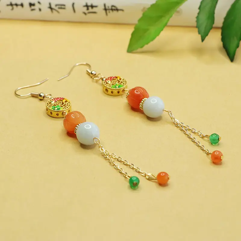 Chinese Style Jade Earrings with Orange & White beads