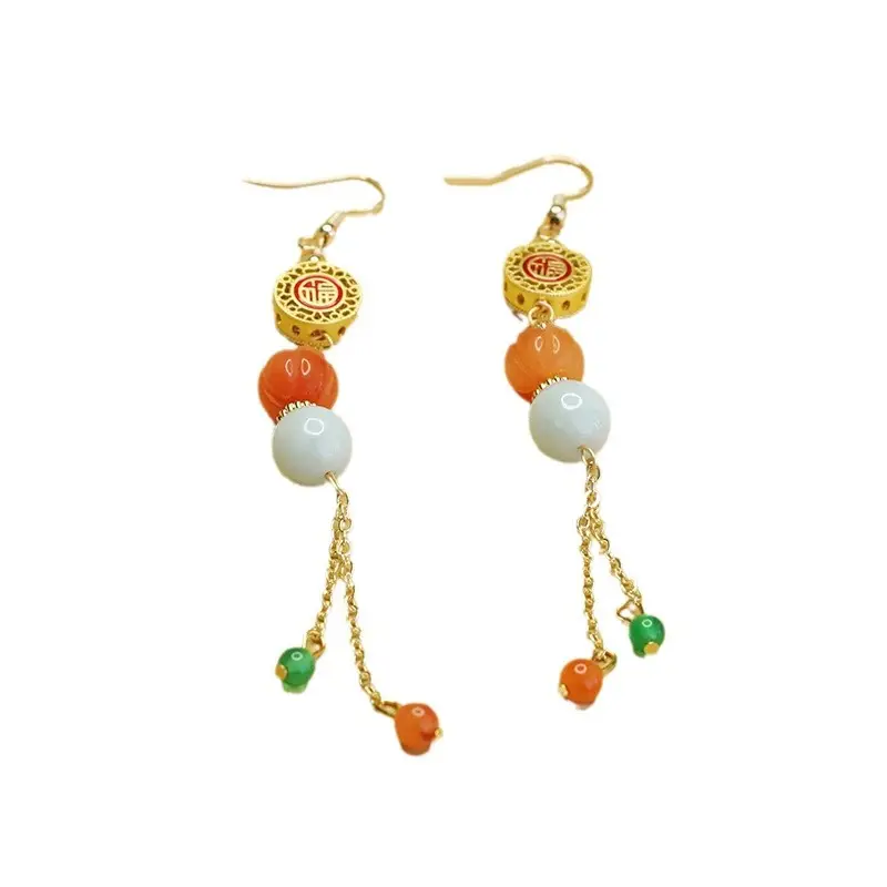 Chinese Style Jade Earrings with Orange & White beads