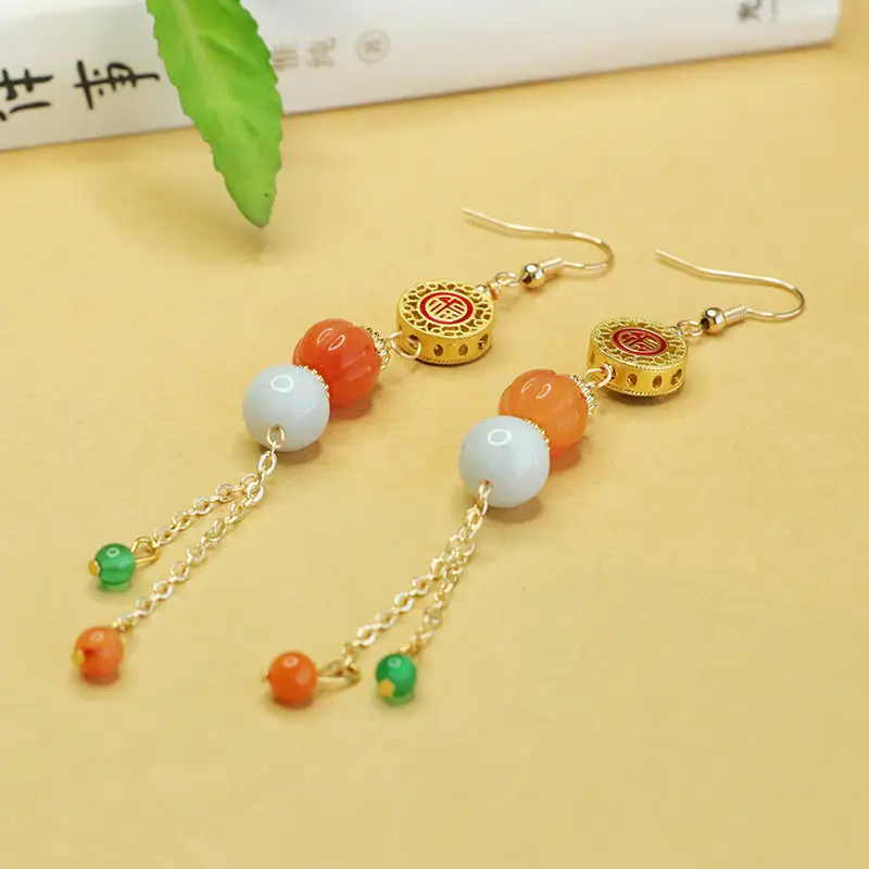 Chinese Style Jade Earrings with Orange & White beads — feature 10