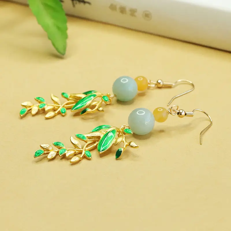 Jade Leaf Earrings for Women Green Jade Ear Hooks - Image 2