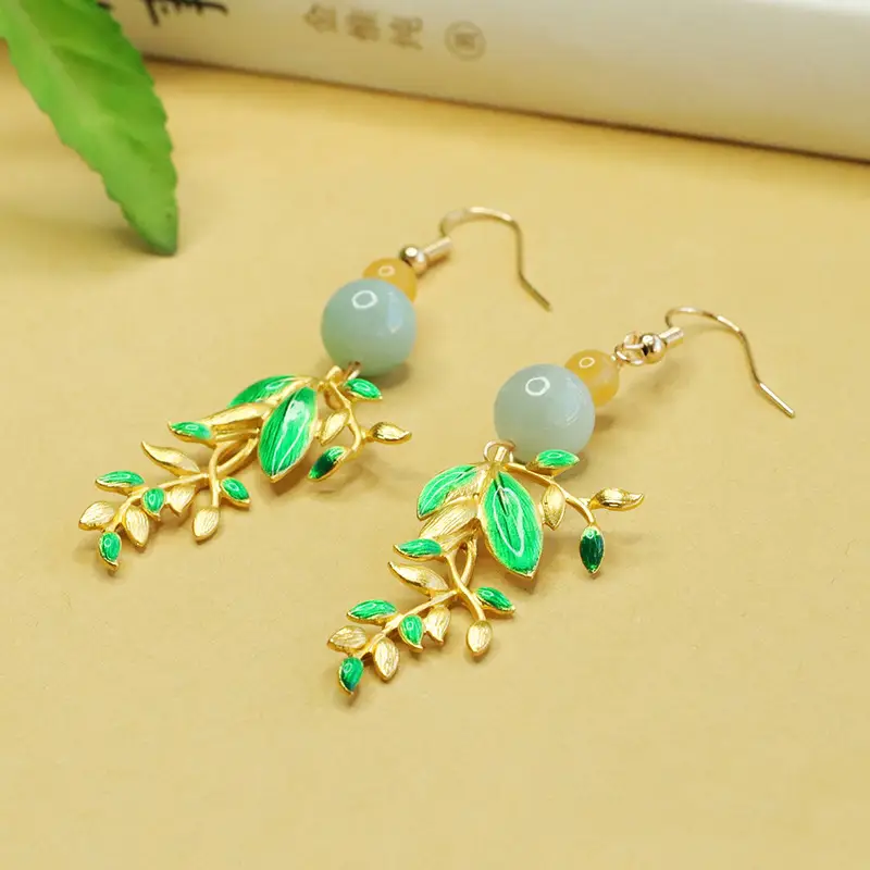 Jade Leaf Earrings for Women Green Jade Ear Hooks - Image 3