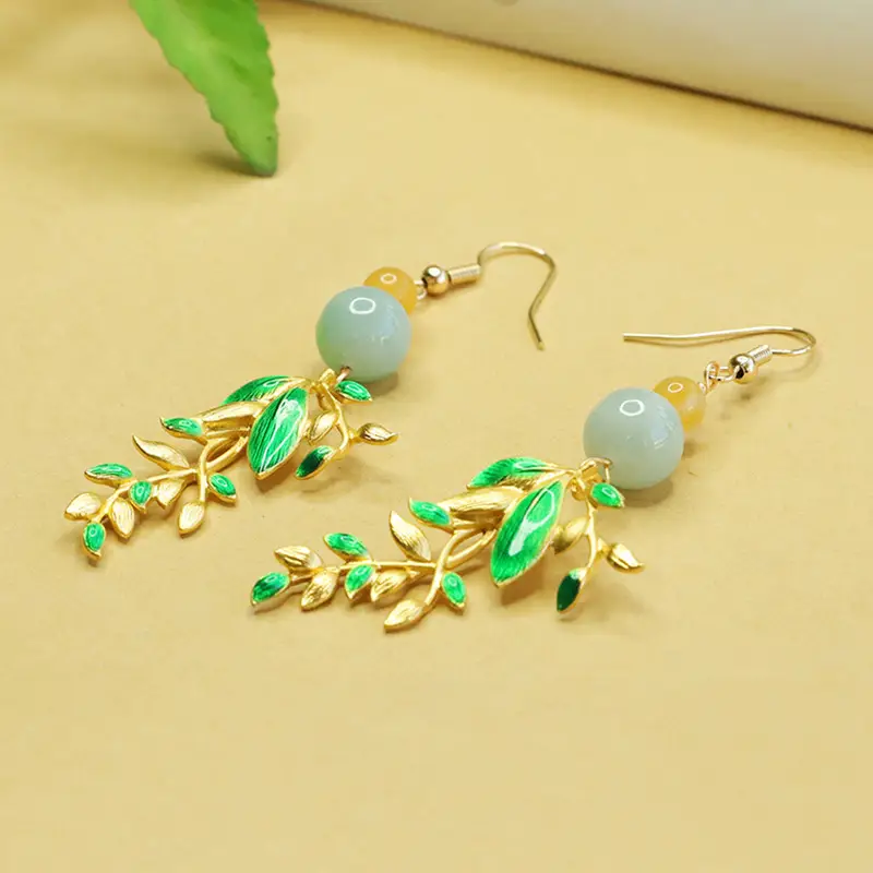 Jade Leaf Earrings for Women Green Jade Ear Hooks - Image 4