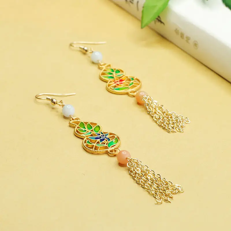 Aiyu Jade Earrings with Enamel Color Gourd Hooks - Image 3